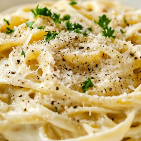 Close-up of creamy fettuccine alfredo pasta, topped with grated cheese, black pepper, and fresh parsley.